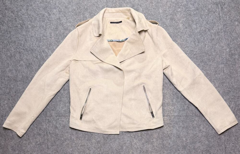 T Tahari Womens S Cream Faux Suede Moto Jacket Zip Pockets Epaulets Asymmetric